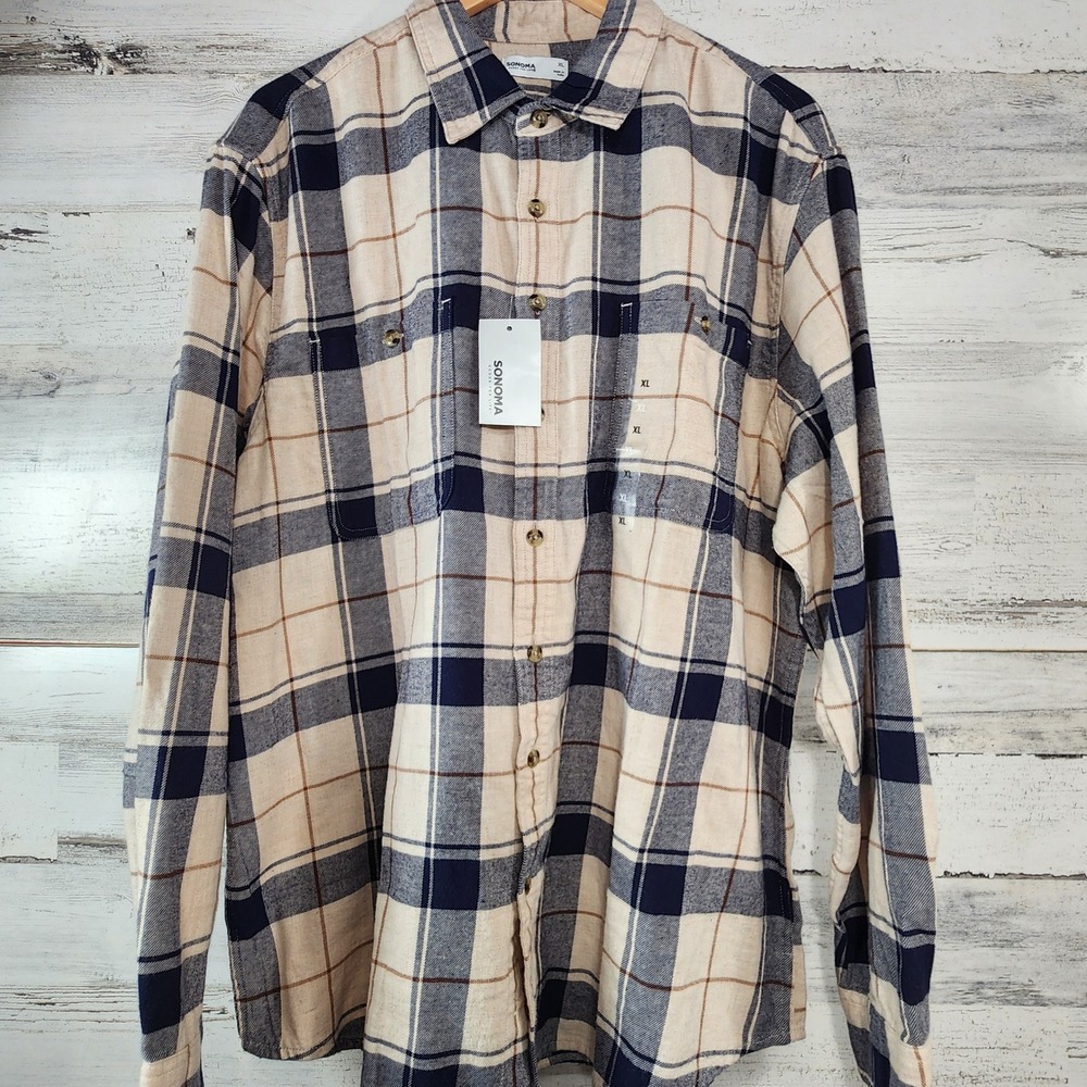 Sonoma Flannel Shirt Mens XL Beige Blue Plaid Supersoft Button Down NWT Casual